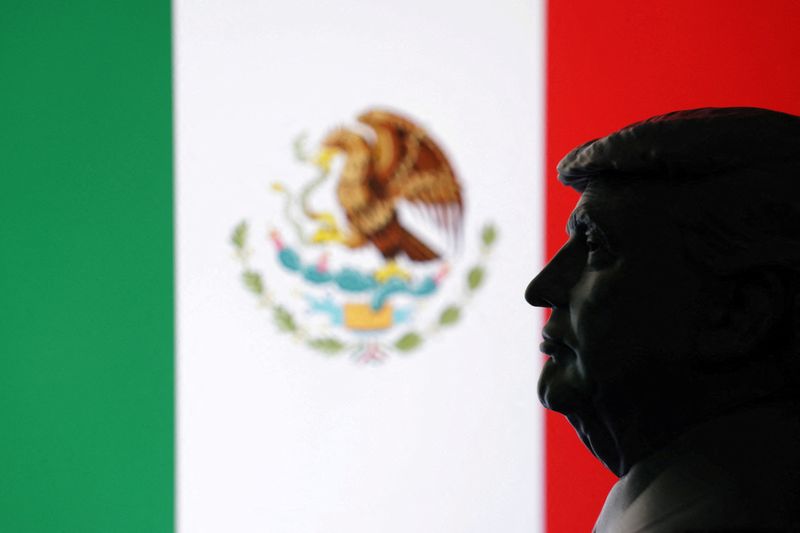FILE PHOTO: A 3D-printed miniature model of U.S. President Donald Trump and the Mexico flag are seen in this illustration taken July 23, 2025. REUTERS/Dado Ruvic/Illustration/File Photo