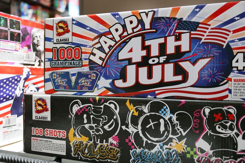 Firework products for the U.S. market are displayed at the showroom of Chili Fireworks in Liling, Hunan province, China, April 9, 2026.  REUTERS/Go Nakamura