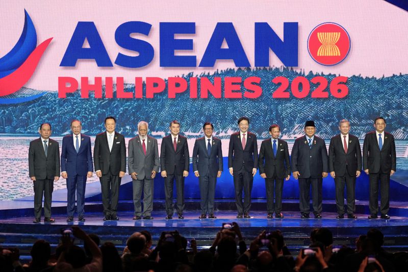 Myanmar's Permanent Secretary of the Ministry of Foreign Affairs U Hau Khan Sum, Malaysia's Prime Minister Anwar Ibrahim, Thailand's Prime Minister Anutin Charnvirakul, East Timor's Prime Minister Xanana Gusmao, Vietnam's Prime Minister Le Minh Hung, Philippine President Ferdinand Marcos Jr., Singapore's Prime Minister Lawrence Wong, Brunei's Sultan Hassanal Bolkiah, Indonesia's President Prabowo Subianto, Cambodia's Prime Minister Hun Manet, and Laos’ Prime Minister Sonexay Siphandone stand on stage for a group photo during the opening ceremony of the 48th ASEAN Summit and Related Meetings, in Cebu, Philippines, May 8, 2026.   Aaron Favila/Pool via REUTERS