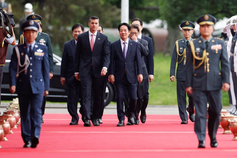 Paraguay President Santiago Pena attends a welcoming ceremony with Taiwan President Lai Ching-te in Taipei, Taiwan May 8, 2026. REUTERS/Ann Wang