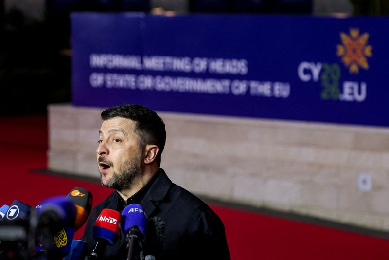 FILE PHOTO: Ukraine's President Volodymyr Zelenskiy speaks to the media as he arrives to attend an informal European leaders' summit in Ayia Napa, Cyprus April 23, 2026. REUTERS/Yves Herman/File Photo