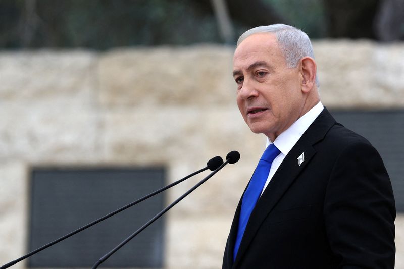 Israel’s Prime Minister Benjamin Netanyahu speaks during a ceremony commemorating Israel’s Remembrance Day for fallen soldiers, or Yom HaZikaron, at the Military Cemetery on Mount Herzl in Jerusalem April 21, 2026.     ILIA YEFIMOVICH/Pool via REUTERS