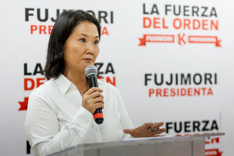 Peru's presidential candidate Keiko Fujimori delivers a statement as the vote count in the country's general election continues for a fourth day, in Lima, Peru April 15, 2026. REUTERS/Stifs Paucca