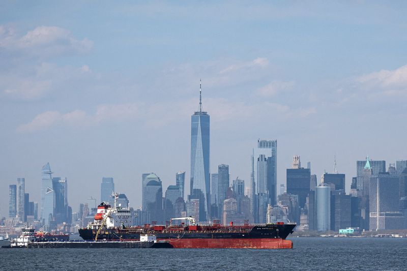FILE PHOTO: The Mtm Rotterdam, a chemical and oil tanker, sits anchored in New York harbor in New York City, U.S., April 14, 2026. REUTERS/Brendan McDermid/File Photo
