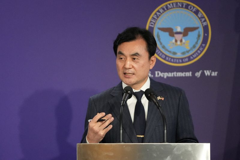 South Korean Defense Minister Ahn Gyu-Back, speaks during the joint press conference with U.S. Defense Secretary Pete Hegseth, following the 57th Security Consultative Meeting at the Defense Ministry in Seoul, South Korea, Tuesday, Nov. 4, 2025.     Lee Jin-man/Pool via REUTERS
