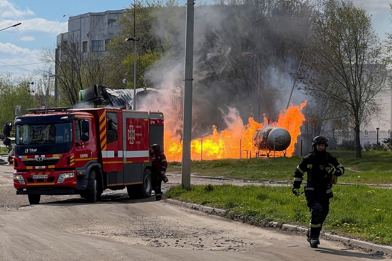 Firefighters arrive to the site of a fuel station which was hit by a Russian drone strike, amid Russia's attack on Ukraine, in Kharkiv, Ukraine May 2, 2026. Picture taken with a mobile phone. REUTERS/Volodymyr Pavlov