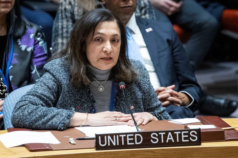 Uzra Zeya, U.S. Under Secretary of State for Civilian Security, Democracy, and Human Rights, speaks to delegates during a meeting of the United Nations Security Council on the crisis in the Gaza Strip, at the U.N. headquarters in New York, U.S., January 23, 2024.    REUTERS/Eduardo Munoz