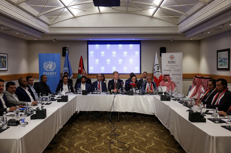 Christine Cipolla from the International Committee of the Red Cross (ICRC) speaks as she sits next to Hans Grundberg, UN Special Envoy for Yemen, as members of the Supervisory Committee on the Detainees Release Agreement attend the closing ceremony of a meeting between the Yemeni government and the Houthi group, in Amman, Jordan, May 14, 2026. REUTERS/Alaa Al Sukhni