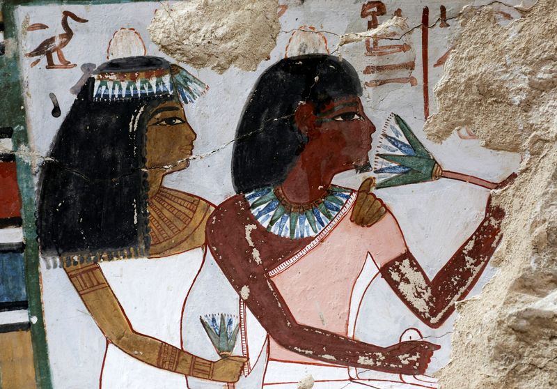 Ancient Egyptian paintings adorn the newly restored tomb wall, inside the recently restored ancient "Samut" (TT417) in the El-Khokha necropolis on the west bank of the Nile in Luxor, where Egyptian authorities have announced the completion of restoration work on two 18th Dynasty tombs belonging to Amenhotep Rabuia and his son Samut, dating back to the reigns of Pharaohs Thutmose III and Thutmose IV, that contain scenes illustrating daily life, funerary practices, and religious imagery from ancient Egypt, in Egypt, May 14, 2026. REUTERS/Mohamed Abd El Ghany