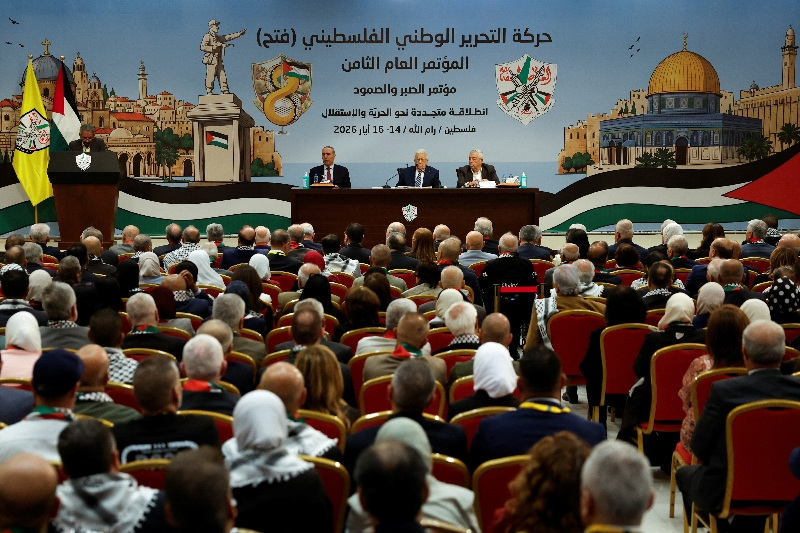 Palestinian President Mahmoud Abbas and Palestinian Vice President Hussein Al-Sheikh attend the 8th General Conference of Fatah in Ramallah in the Israeli-occupied West Bank, May 14, 2026. REUTERS/Mohammed Torokman