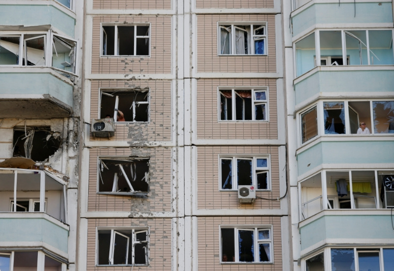 A damaged apartment building following a Ukrainian drone attack in the course of Russia-Ukraine conflict in Krasnogorsk, in the Moscow region, Russia May 17, 2026. REUTERS/Stringer