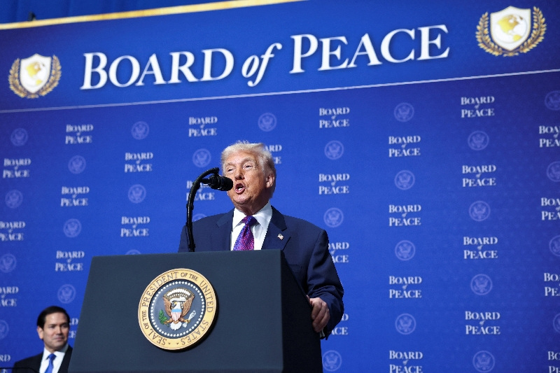 U.S President Donald Trump speaks at the inaugural Board of Peace meeting at the U.S. Institute of Peace in Washington, D.C., U.S., February 19, 2026. REUTERS/Kevin Lamarque/File Photo