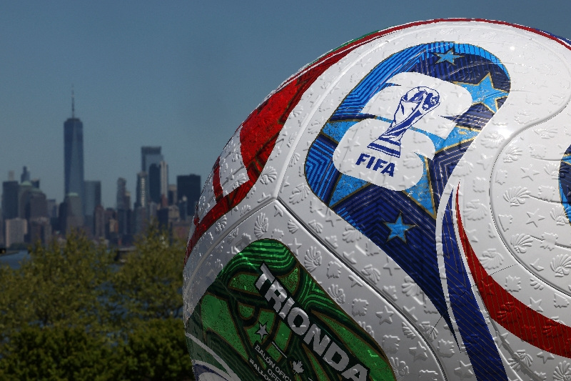 A blow up soccer ball of the Trionda, the official match ball of the FIFA World Cup 2026, stands during a press conference announcing an official fan zone for the area in New York City, U.S., April 27, 2026. REUTERS/Shannon Stapleton