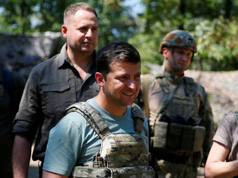 FILE PHOTO: Ukraine's President Volodymyr Zelenskiy and Andriy Yermak, head of the president's office, walk near the frontline with Russian-backed separatists in Popasna in Luhansk Region, Ukraine August 6, 2020. REUTERS/Gleb Garanich/File Photo