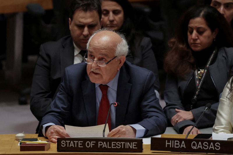 FILE PHOTO: Riyad H. Mansour, Palestinian Permanent Observer to the United Nations, addresses the Security Council during the meeting on the situation in the Middle East, at U.N. headquarters in New York City, U.S., February 18, 2026. REUTERS/Jeenah Moon/File Photo