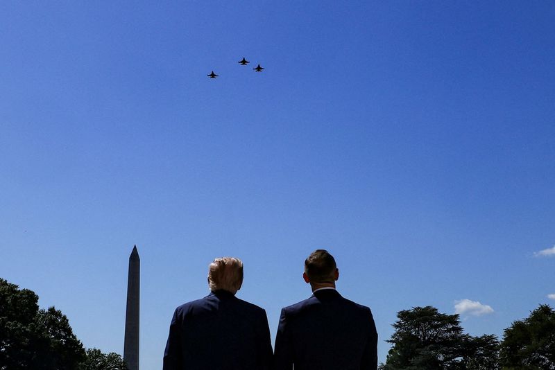 U.S. President Donald Trump and the President of Poland Karol Nawrocki watch a flyover of military planes at the White House in Washington, D.C., U.S., September 3, 2025.  REUTERS/Brian Snyder