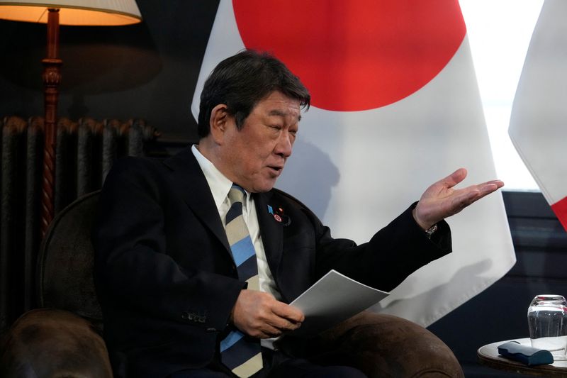 Japan's Minister of Foreign Affairs, Motegi Toshimitsu, speaks with France's Foreign Affairs Minister Jean-Noel Barrot (not pictured), during a bilateral meeting on the sidelines of the G7 Foreign Ministers' meeting with Partner Countries in Cernay-la-Ville outside Paris, France, March 26, 2026.     Michel Euler/Pool via REUTERS