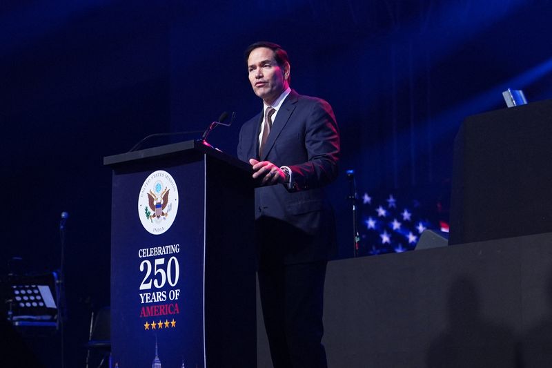 U.S Secretary of State Marco Rubio speaks at an event celebrating the United States' 250th anniversary, at the Bharat Mandapam convention center, in New Delhi, India, Sunday, May 24, 2026.     Julia Demaree Nikhinson/Pool via REUTERS