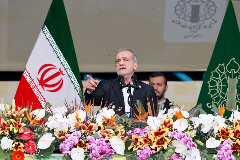 Iranian President Masoud Pezeshkian speaks during the 47th anniversary of the Islamic Revolution in Tehran, Iran, February 11, 2026. Iran's Presidential website/WANA (West Asia News Agency)/Handout via REUTERS