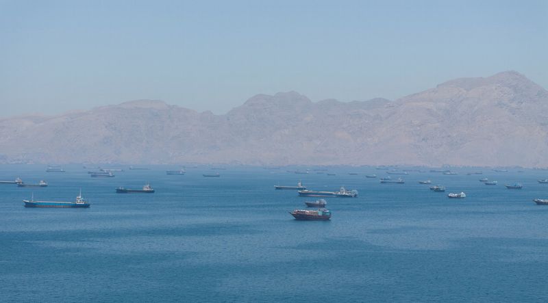 A drone view shows vessels anchored at the Strait of Hormuz, as seen from Musandam, Oman, May 25, 2026. REUTERS/Stringer