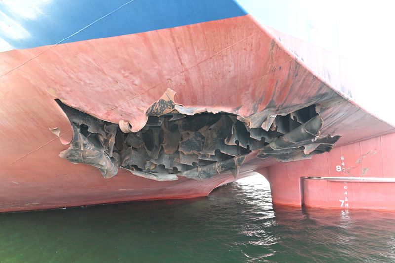 FILE PHOTO: The damaged stern of a bulk carrier operated by South Korean shipper HMM, after it was struck by two unidentified objects on May 4 while stranded in the Strait of Hormuz, in this handout picture released on May 10, 2026.    South Korean Foreign Ministry/Handout via REUTERS   ATTENTION EDITORS - THIS IMAGE HAS BEEN SUPPLIED BY A THIRD PARTY./File Photo