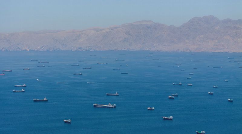 A drone view shows vessels anchored at the Strait of Hormuz, as seen from Musandam, Oman, May 25, 2026. REUTERS/Stringer/File Photo