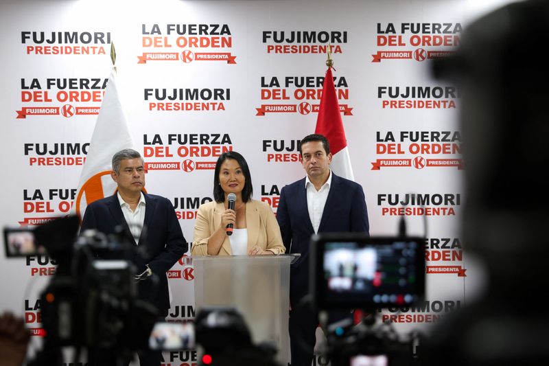 Popular Force presidential candidate Keiko Fujimori holds a press conference after the National Jury of Elections (JNE) announced that she will advance to a runoff election on June 7, in which she will compete for the presidency of Peru against candidate Roberto Sanchez of the Juntos por el Peru party, in Lima, Peru, May 17, 2026. REUTERS/Alessandro Cinque