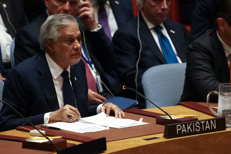 Pakistan's Foreign Minister Mohammad Ishaq Dar attends a Security Council meeting at the United Nations headquarters in New York City, U.S., May 26, 2026. REUTERS/Shannon Stapleton