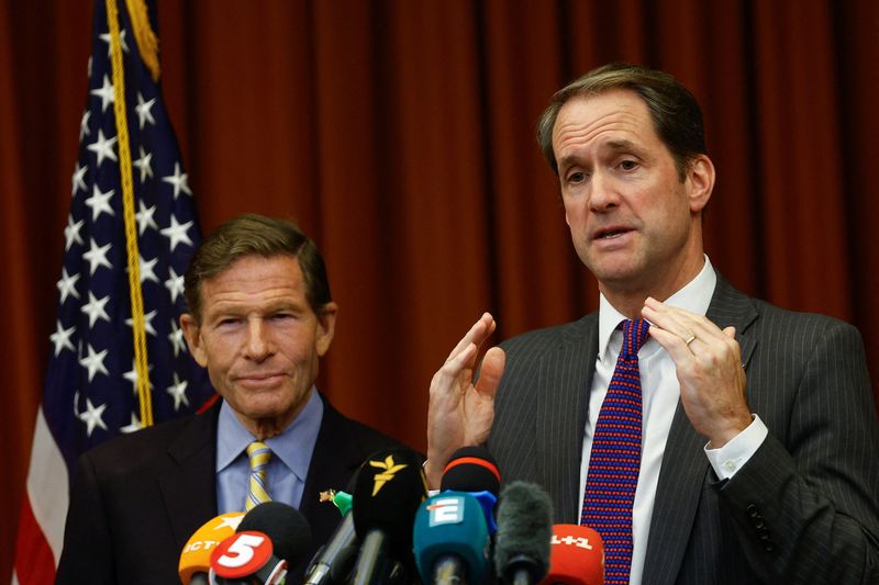 U.S. Representative Jim Himes (D-CT) and U.S. Senator Richard Blumenthal (D-CT) speak to the media during a press conference, amid Russia's attack on Ukraine, in Kyiv, Ukraine May 28, 2026. REUTERS/Valentyn Ogirenko