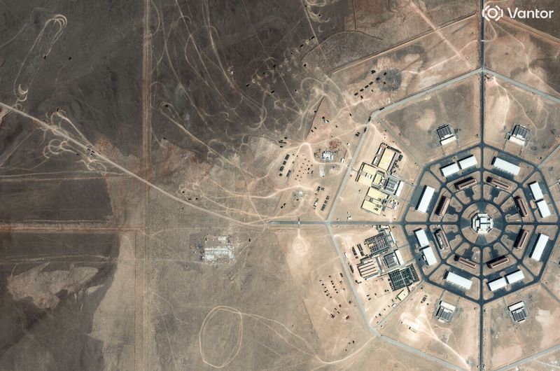 A satellite image shows military activity underway at the edge of the Xinjiang octagon-shaped installation, in the Xinjiang Uyghur Autonomous Region, China, May 11, 2026.   Vantor/Handout via REUTERS