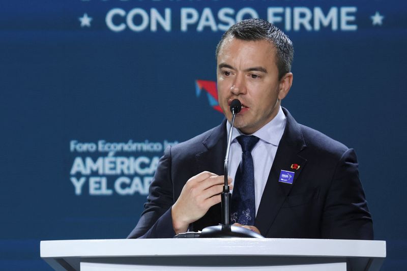 Ecuador's President Daniel Noboa delivers a speech during the International Economic Forum Latin America and the Caribbean 2026, in Panama City, Panama, January 28, 2026. REUTERS/Aris Martinez