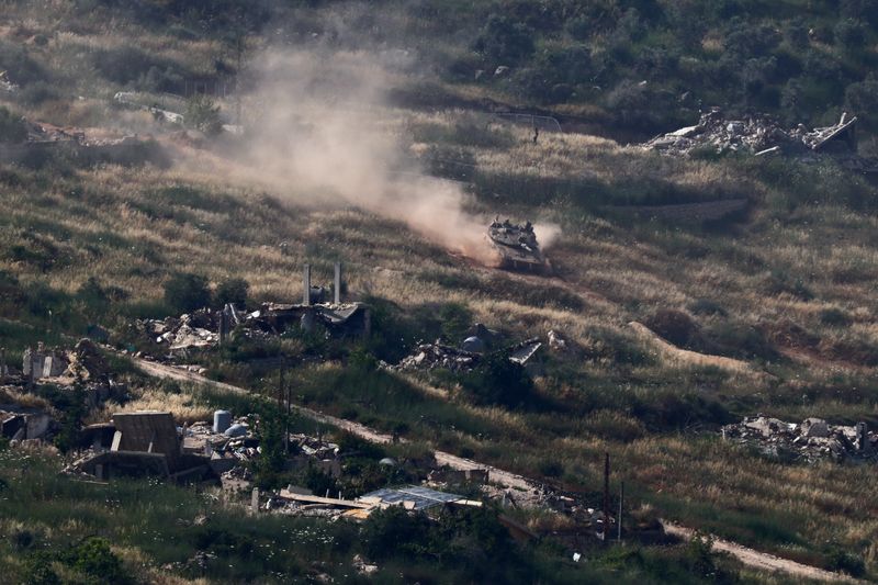 An Israeli tank maneuvers in southern Lebanon, as seen from northern Israel, May 31, 2026. REUTERS/Amir Cohen