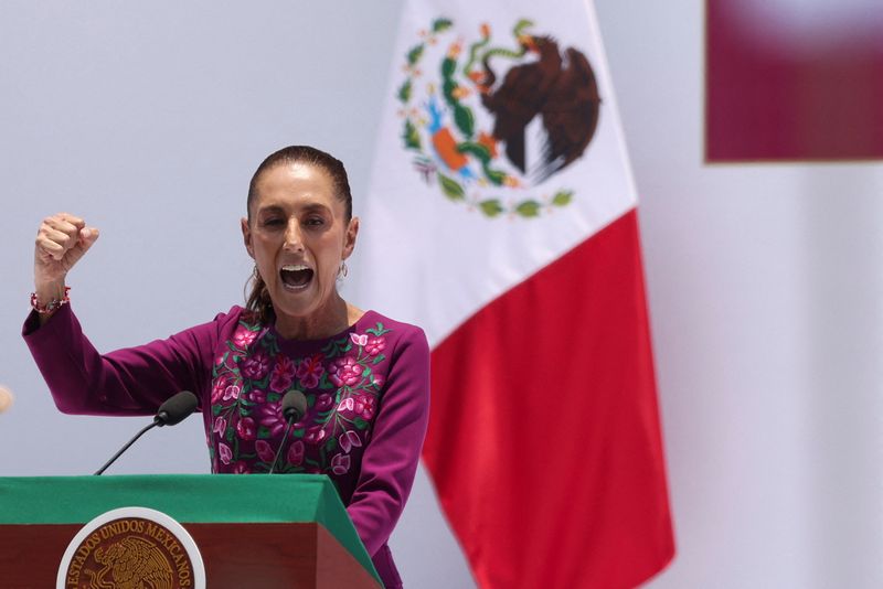 Mexico's President Claudia Sheinbaum delivers a speech to supporters and government officials marking her second year in office at the Monumento a la Revolucion in Mexico City, Mexico, May 31, 2026. REUTERS/Quetzalli Nicte-Ha