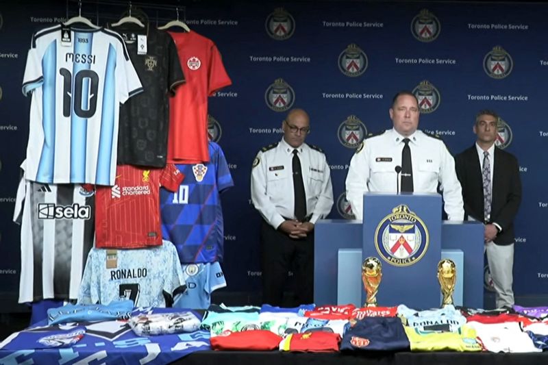 Toronto Police Service Superintendent David Ecklund speaks to the press about what they described as the largest seizure of counterfeit soccer jerseys ever recorded in Canada, just days before the the start of the FIFA 2026 World Cup, in Toronto, Ontario, Canada June 1, 2026 in a still image from video. Toronto Police Service/Handout via REUTERS