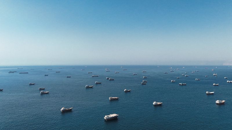A drone view shows vessels at the Strait of Hormuz, as seen from Musandam, Oman, June 1, 2026. REUTERS/Stringer     TPX IMAGES OF THE DAY