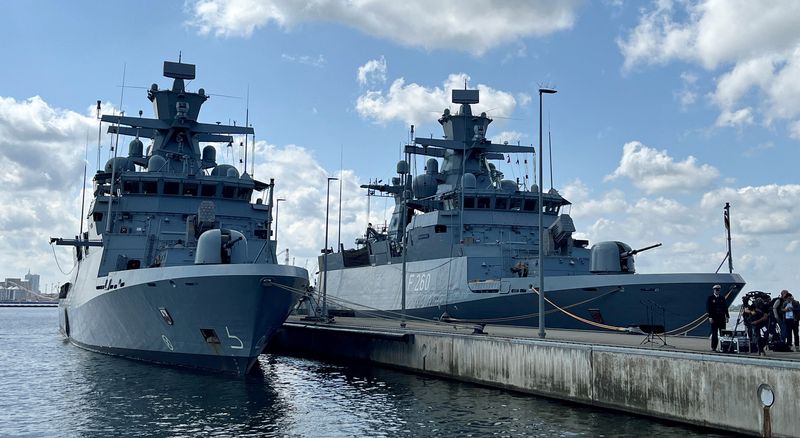 Braunschweig-class corvettes of the German Navy Magdeburg (F261) and Braunschweig (F260) are pictured during a media event ahead of U.S.-led NATO naval exercise BALTOPS in the Baltic Sea, in Rostock, Germany, June 3, 2025.  REUTERS/Oliver Barth