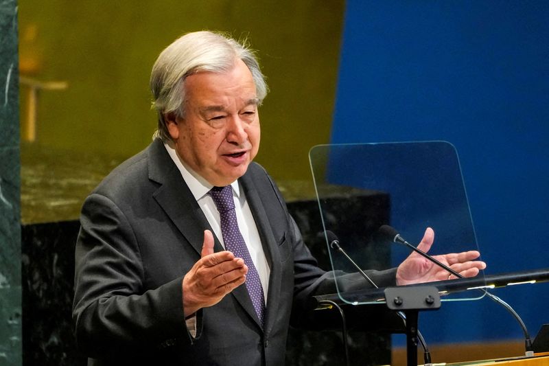 FILE PHOTO: United Nations Secretary-General Antonio Guterres speaks to delegates during a meeting on Nuclear Non-Proliferation Treaty at U.N. headquarters in New York City, U.S., April 27, 2026.  REUTERS/Eduardo Munoz/File Photo