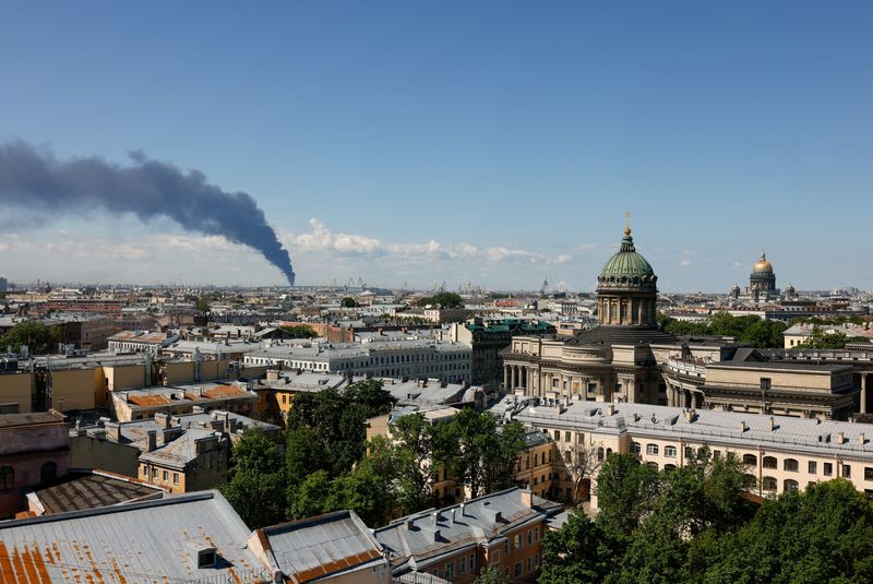 Heavy smoke billows after Ukrainian drones hit infrastructure, according to local authorities, in St Petersburg, Russia June 3, 2026. REUTERS/Stringer