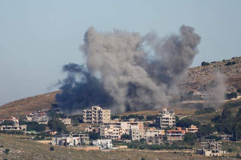 Smoke rises in Lebanon following an Israeli strike, as seen from Marjayoun, southern Lebanon, June 3, 2026. REUTERS/Stringer