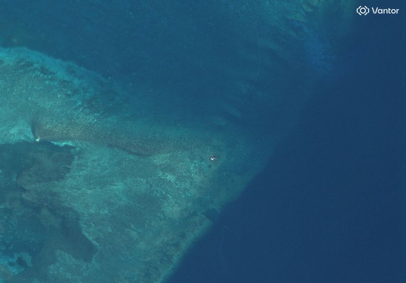 A satellite image shows a possible raft at the opening to Scarborough Shoal, in the South China Sea, May 27, 2026. Vantor/Handout via REUTERS