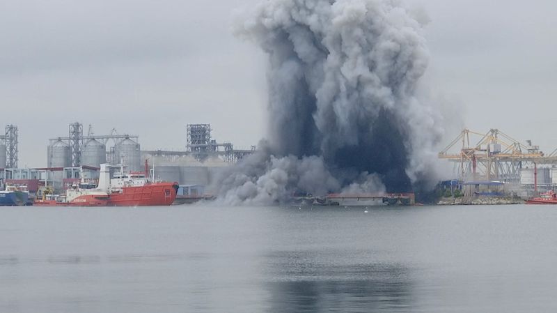 Smoke rises after an explosion as a marine drone self-detonated in Romania's Black Sea port of Constanta near an oil terminal, without causing any casualties, according to the defence ministry, in Constanta, Romania June 5, 2026, in this screengrab obtained from a handout video. Observator Antena1/Handout via REUTERS