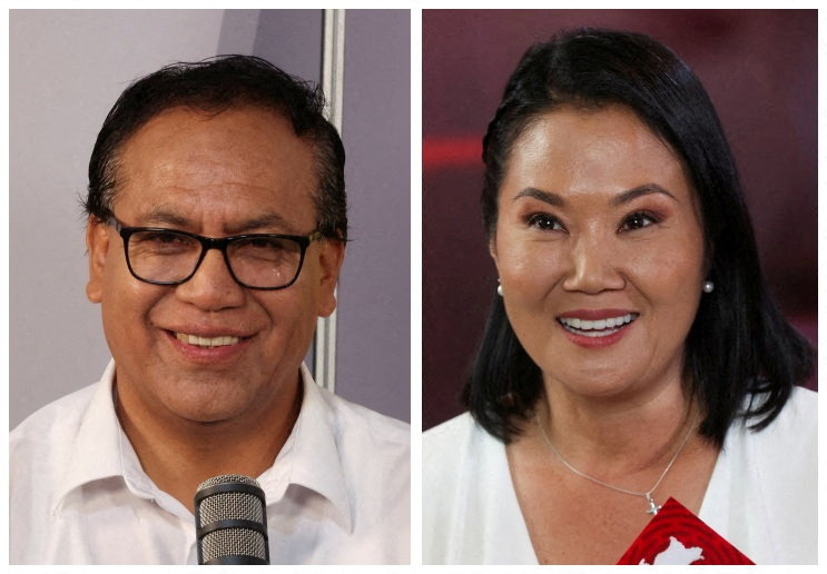 A combination picture shows Peru's leftist candidate Roberto Sanchez and right-wing presidential candidate Keiko Fujimori speaking during a televised debate ahead of the June 7 runoff presidential vote, in Lima, Peru, May 31, 2026. REUTERS/Alessandro Cinque