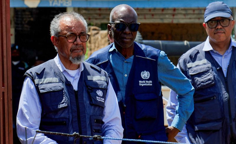 Director-General of the World Health Organisation (WHO) Tedros Adhanom Ghebreyesus tours the Evangelical Medical Center (CEM), one of the facilities at the forefront of the response to the Ebola outbreak during his visit to coordinate the response to the Ebola outbreak, as agencies intensify efforts to contain a new Ebola outbreak caused by the Bundibugyo virus strain, in Bunia, Ituri province, Democratic Republic of Congo, May 31, 2026. REUTERS/Gradel Muyisa Mumbere