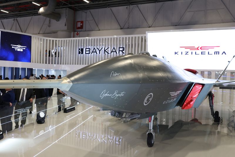 Kizilelma, an unmanned fighter aircraft developed by Turkish defence firm Baykar, is displayed at the SAHA 2026 International Defence and Aerospace Exhibition in Istanbul, Turkey, May 8, 2026. REUTERS/Murad Sezer