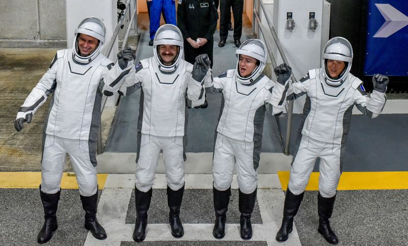 FILE PHOTO: NASA’s Crew-12 members, Russian cosmonaut Andrey Fedyaev, NASA astronauts Jack Hathaway, Jessica Meir, and ESA astronaut Sophie Adenot walk out of the Operations & Checkout Building at the Kennedy Space Center before transport to Launch Complex 40, ahead of their launch to the International Space Station, in Cape Canaveral, Florida, U.S., February 13, 2026. REUTERS/Steve Nesius/File Photo