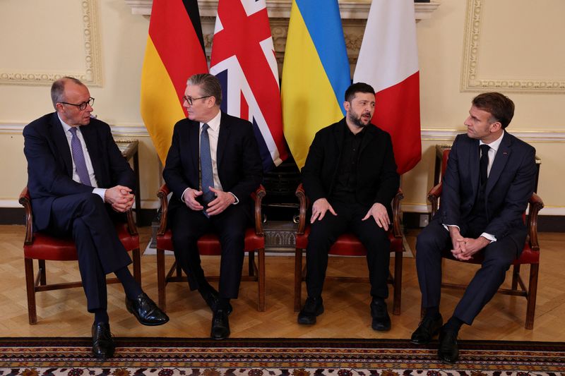 British Prime Minister Keir Starmer, Ukrainian President Volodymyr Zelenskiy, French President Emmanuel Macron, and German Chancellor Friedrich Merz meet at 10 Downing Street, in London, Britain, December 8, 2025.  ADRIAN DENNIS/Pool via REUTERS