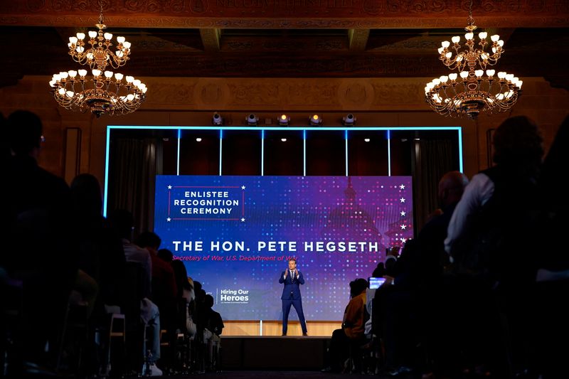 U.S. Secretary of Defense Pete Hegseth speaks to enlistees after they swear an oath to serve in the U.S. Armed Forces, during an Enlistee Recognition Ceremony at the U.S. Chamber of Commerce in Washington, D.C., U.S. June 4, 2026. REUTERS/Elizabeth Frantz