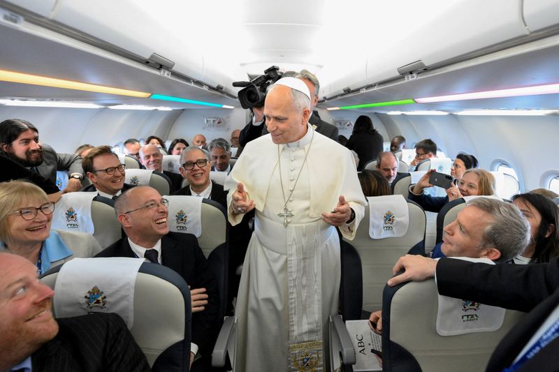 Pope Leo XIV speaks to journalists aboard the papal flight from Rome to Madrid, June 6, 2026, on the occasion of his apostolic journey to Spain June 6, 2026.  Simone Risoluti /Vatican Media/­Handout via REUTERS