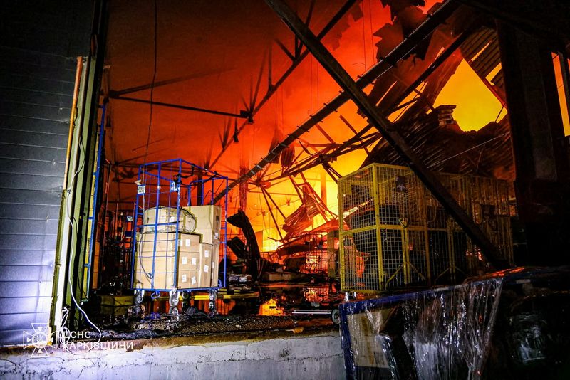 A sorting centre of Ukraine's national post hit by a Russian drone strike, amid Russia's attack on Ukraine, in Kharkiv, Ukraine in this handout picture released June 8, 2026. Press service of the State Emergency Service of Ukraine in Kharkiv region/Handout via REUTERS