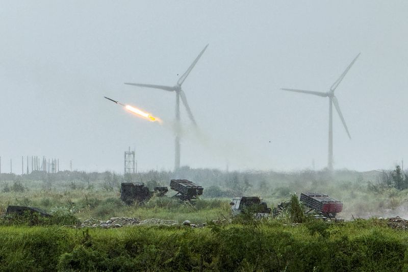 A Thunderbolt-2000 multiple launch rocket system (MLRS) fires rockets during a live-fire military exercise, which simulates an enemy invasion, in Taichung, Taiwan June 9, 2026. Picture taken with a mobile phone. REUTERS/Angie Teo